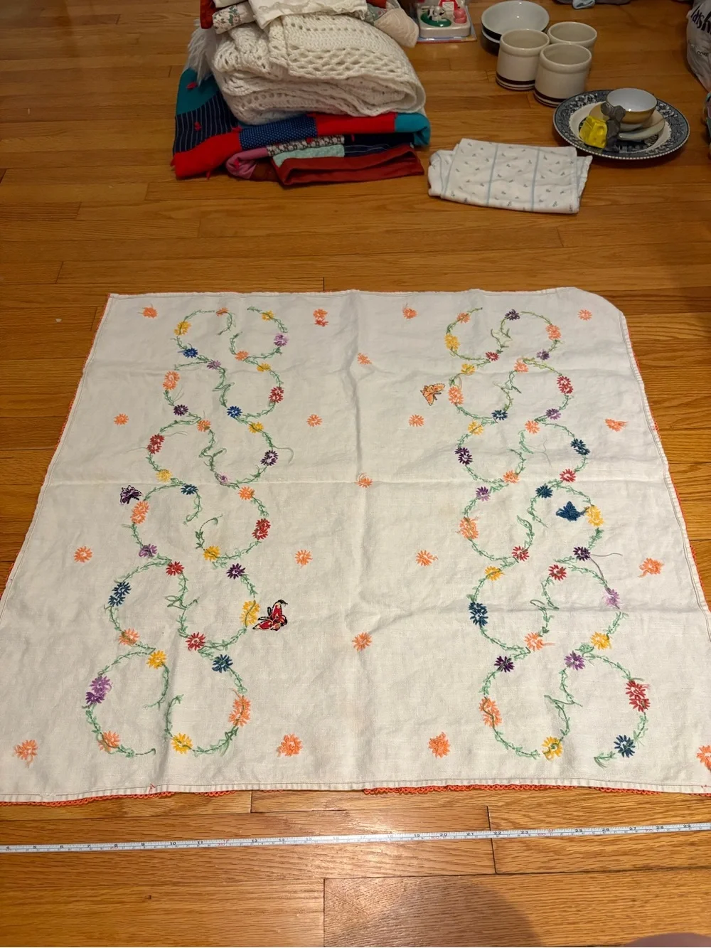 Hand-Embroidered White Linen tablecloth with Colorful Floral Swirls Butterfly